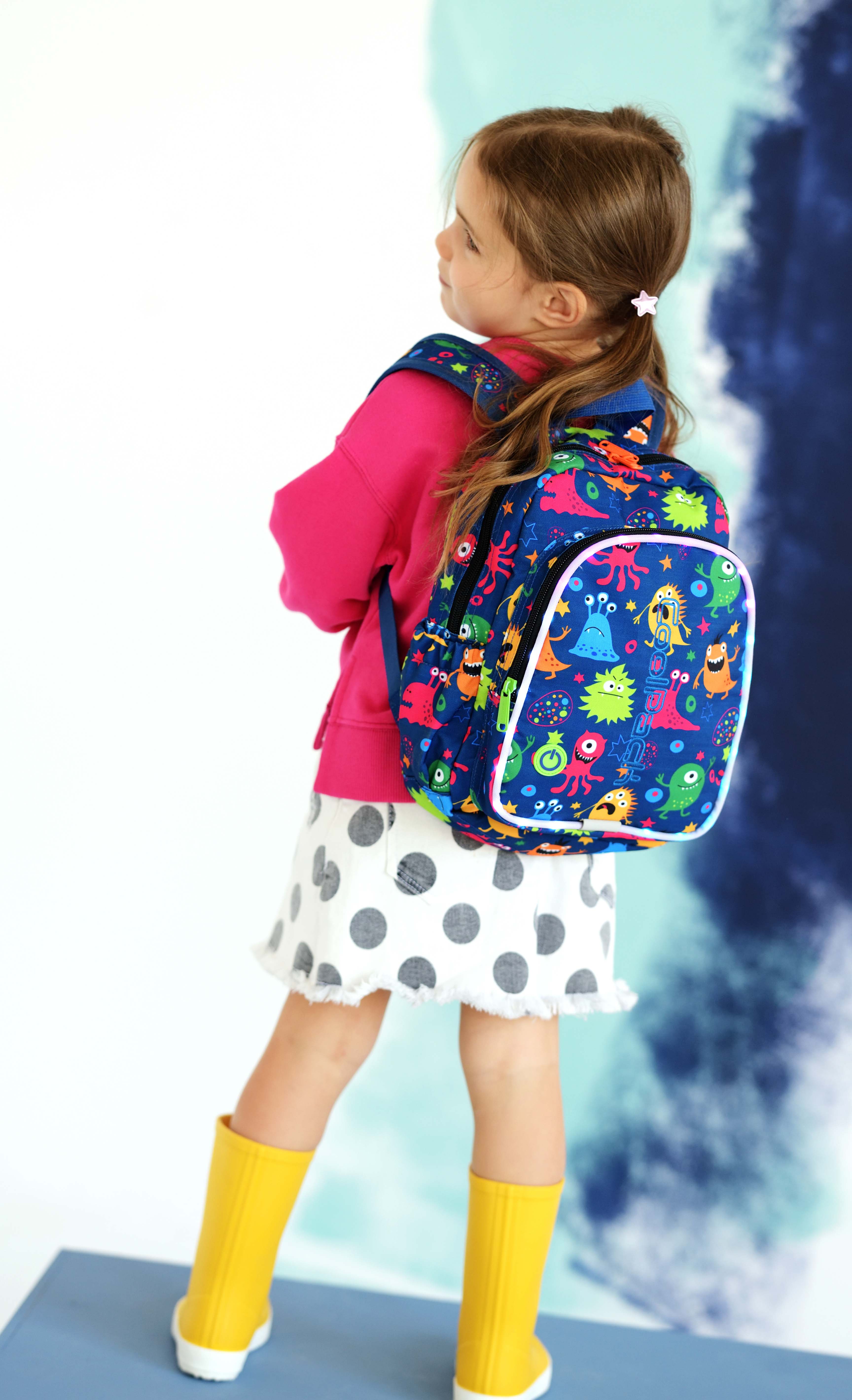 niña llevando una mochila CoolPack pequeña con luz led 